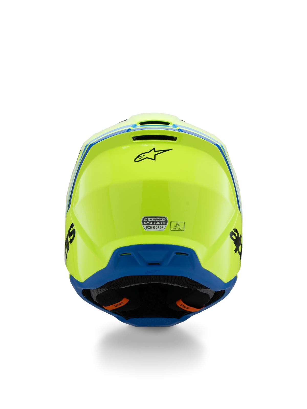 Alpinestars S-M3 Youth Radium Helmet ECE 22.06, casco de motocross, amarillo flúor y azul, vista trasera con el logo de Alpinestars en negro y la pegatina de certificación ECE, diseño de calota aerodinámica para competición juvenil fuera de carretera