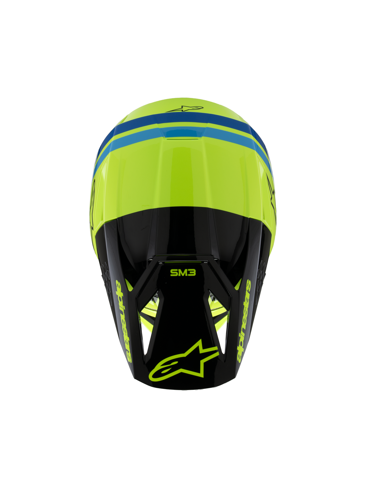 Casco Alpinestars S-M3 Youth Radium ECE 22.06, casco de motocross, amarillo flúor, negro y azul, vista superior que muestra la calota aerodinámica, marca SM3 en la visera negra y logotipos llamativos de Alpinestars