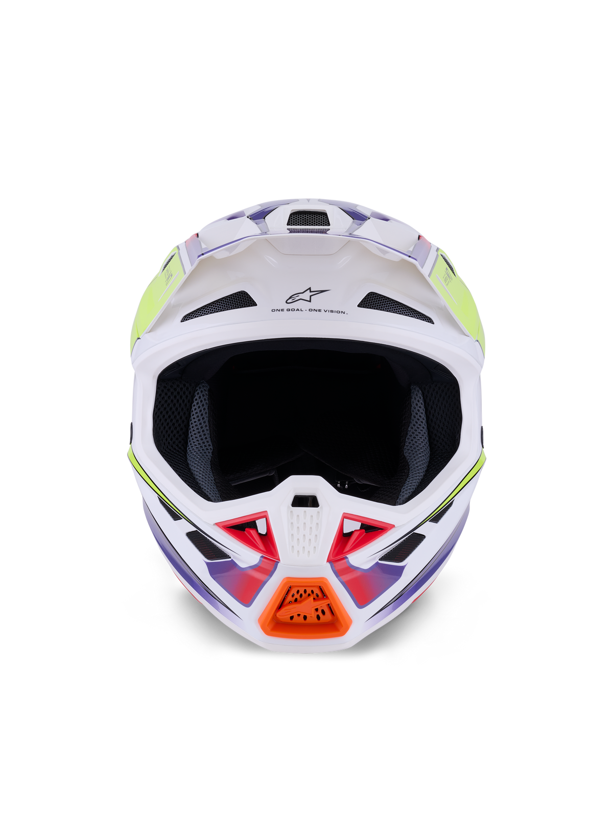Casco Alpinestars S-M7 Fuse, casco de motocross, blanco, amarillo flúor y púrpura brillante, vista frontal con múltiples tomas de aire, carcasa de compuesto aerodinámico y detalle naranja en la mentonera.