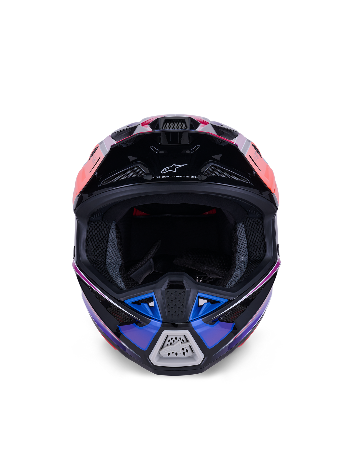 Casco Alpinestars S-M7 Fuse, casco de motocross, azul, púrpura y rosa brillante, vista frontal que muestra la apertura para las gafas y la mentonera ventilada, con detalles negros y el logotipo de Alpinestars, diseño aerodinámico para competición todoterreno