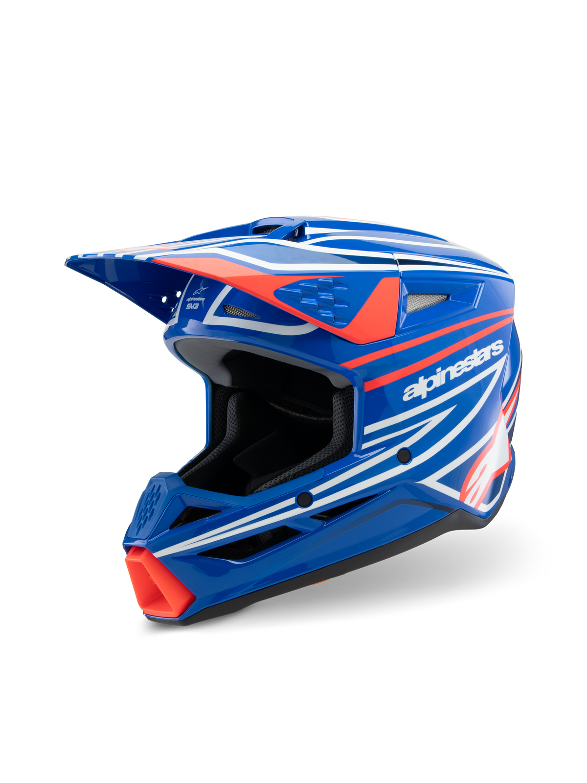 Alpinestars S-M3 Youth Wurx Helmet, Motocross Helmet, Glossy Blue with Red and White graphics, sharp aerodynamic design featuring a prominent visor and multiple ventilation ports, designed for youth off-road and MX racing