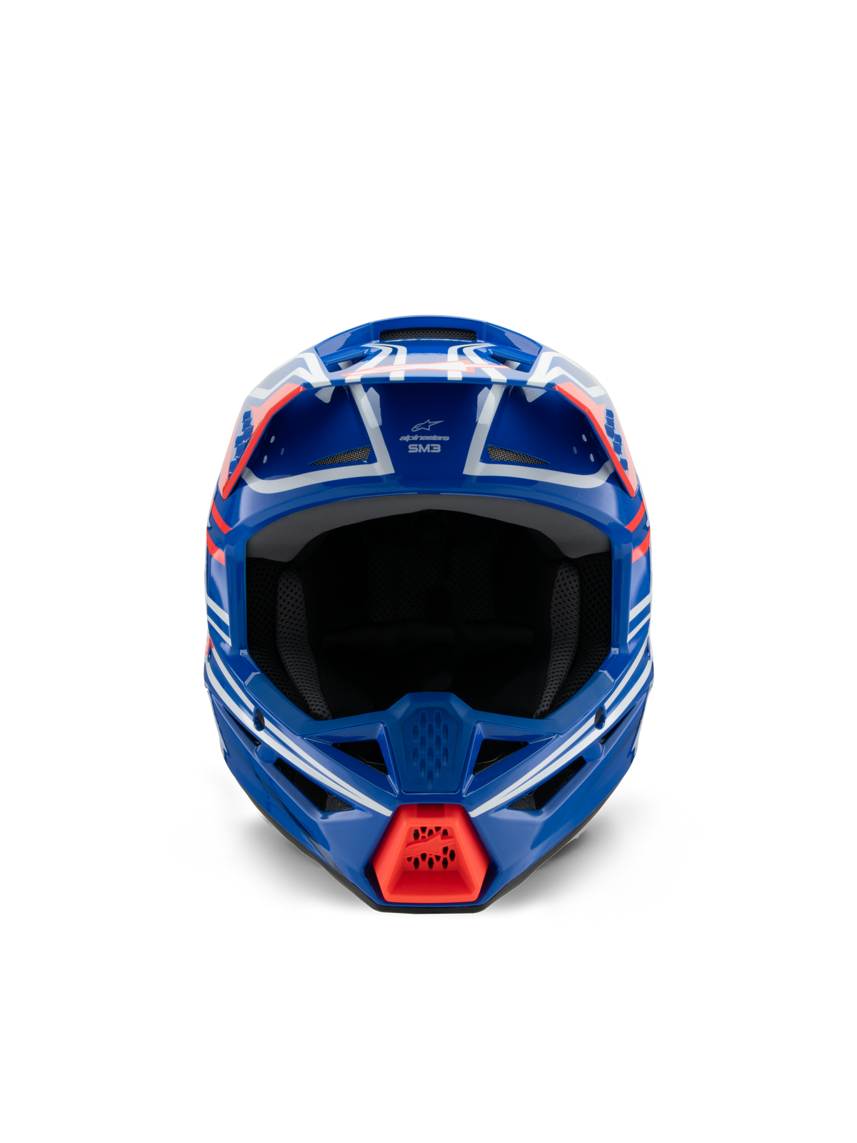 Alpinestars S-M3 Youth Wurx Helmet ECE 22.06, Motocross Helmet, Blue Red White and Black Glossy, front-facing view, featuring aerodynamic shell, ventilation ports, and bright red chin guard intake, designed for youth off-road racing