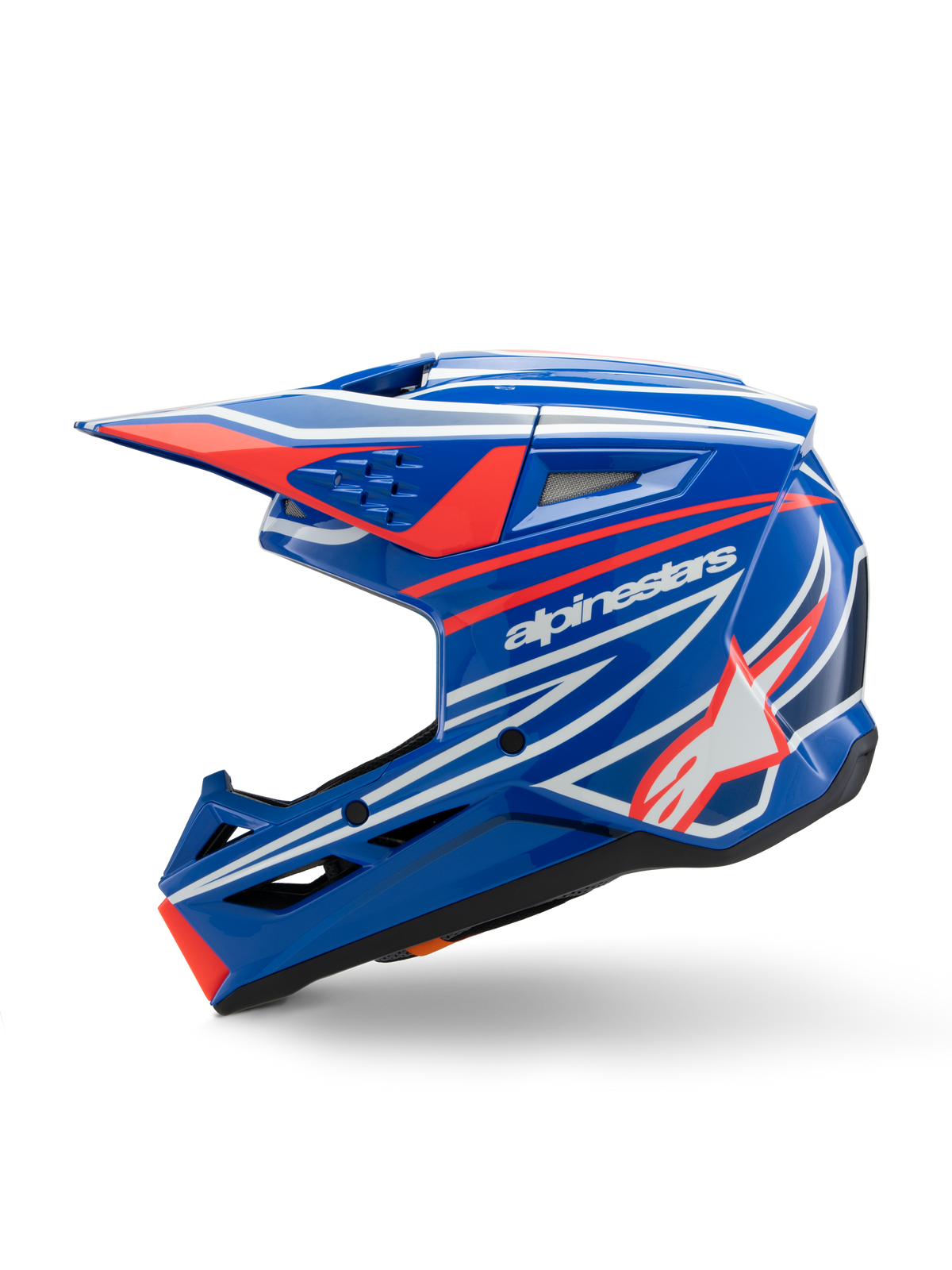 Alpinestars S-M3 Youth Wurx Helmet, Motocross Helmet, Blue Red White and Black Glossy, featuring bold graphics with the Alpinestars logo and star, side profile view with aerodynamic vents and integrated visor, off-road racing gear