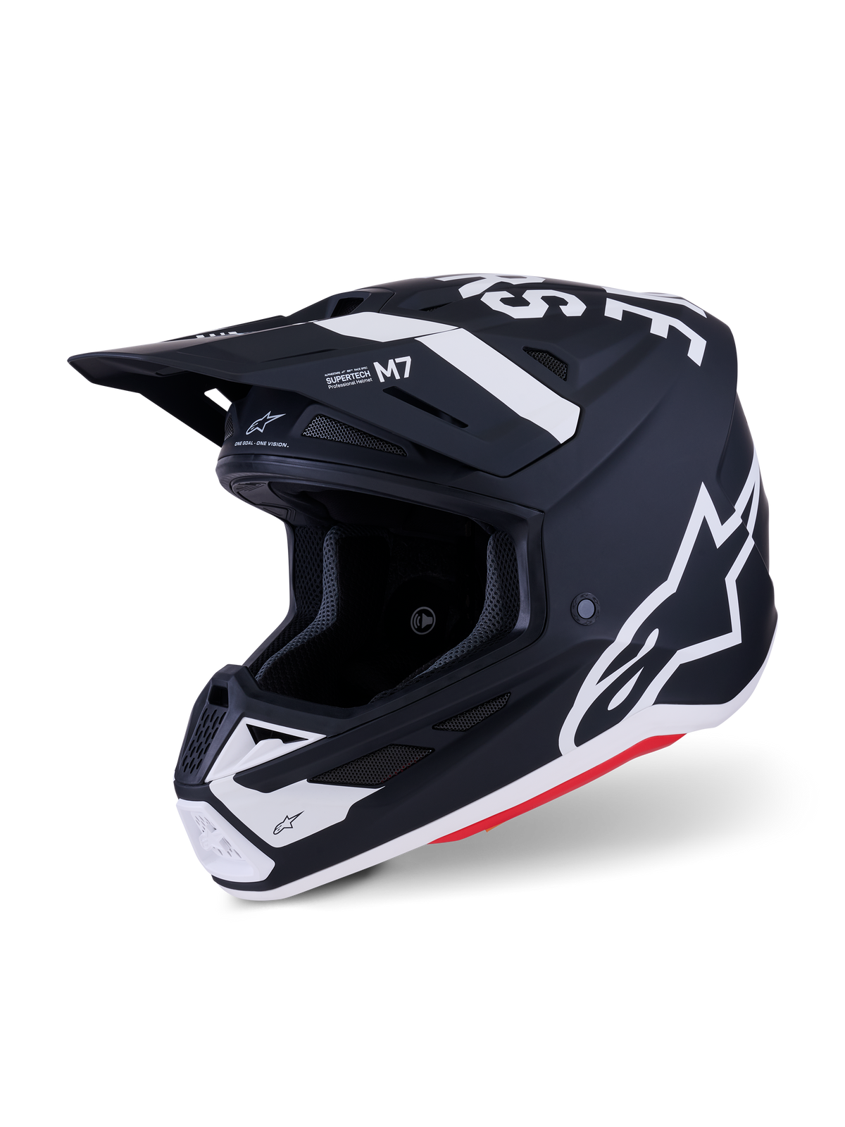 Alpinestars S-M7 Dasher Helmet, Motocross Helmet, Black and White Matt with red accents, featuring bold white Alpinestars logos and graphics, aerodynamic composite shell with integrated ventilation ports and protective visor.