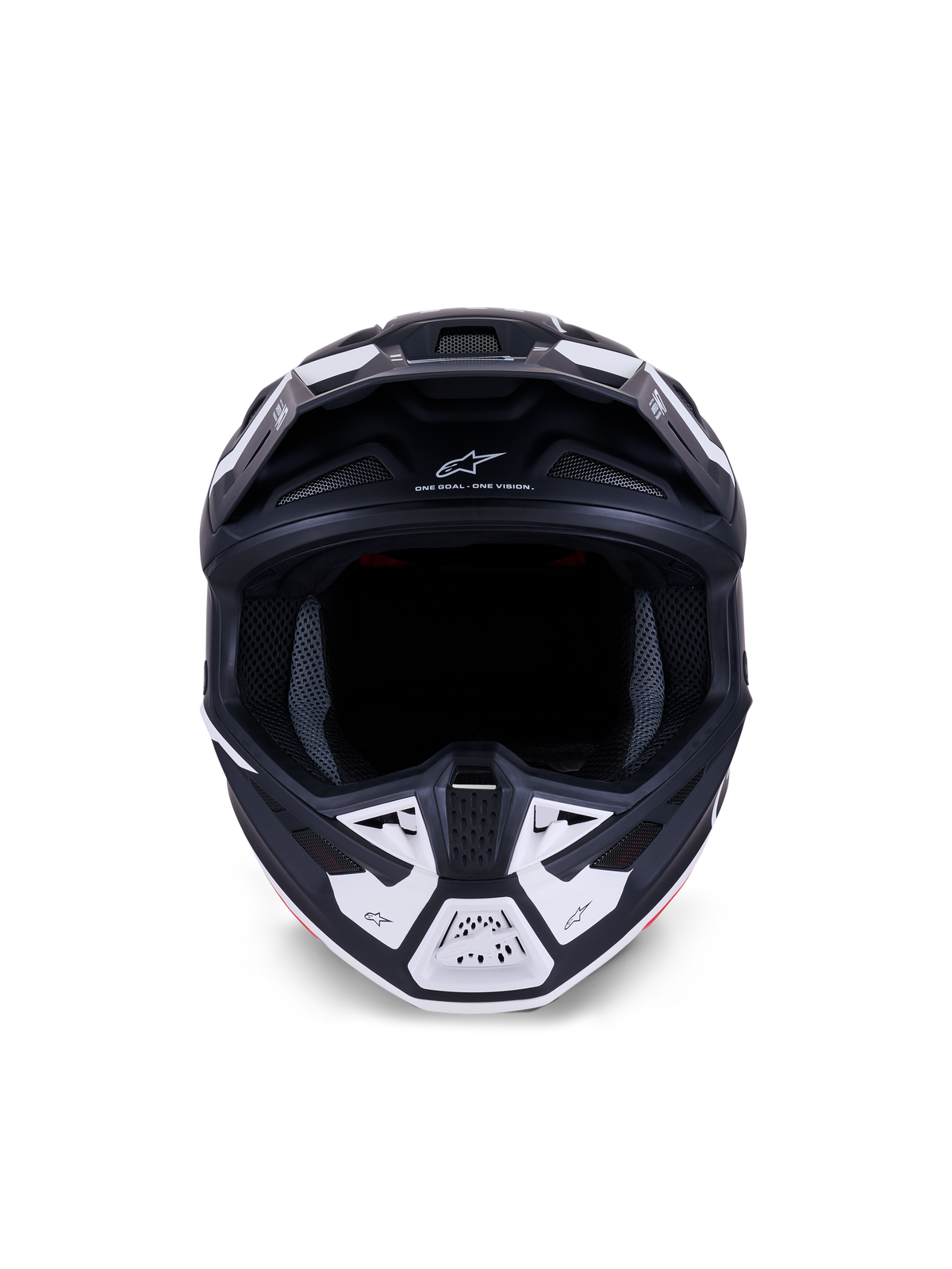 Alpinestars S-M7 Dasher Helmet ECE 22.06, casco de motocross, negro mate y blanco, vista frontal que muestra los puertos de ventilación y gráficos geométricos, incluye el texto "ONE GOAL - ONE VISION", protección profesional para carreras off-road