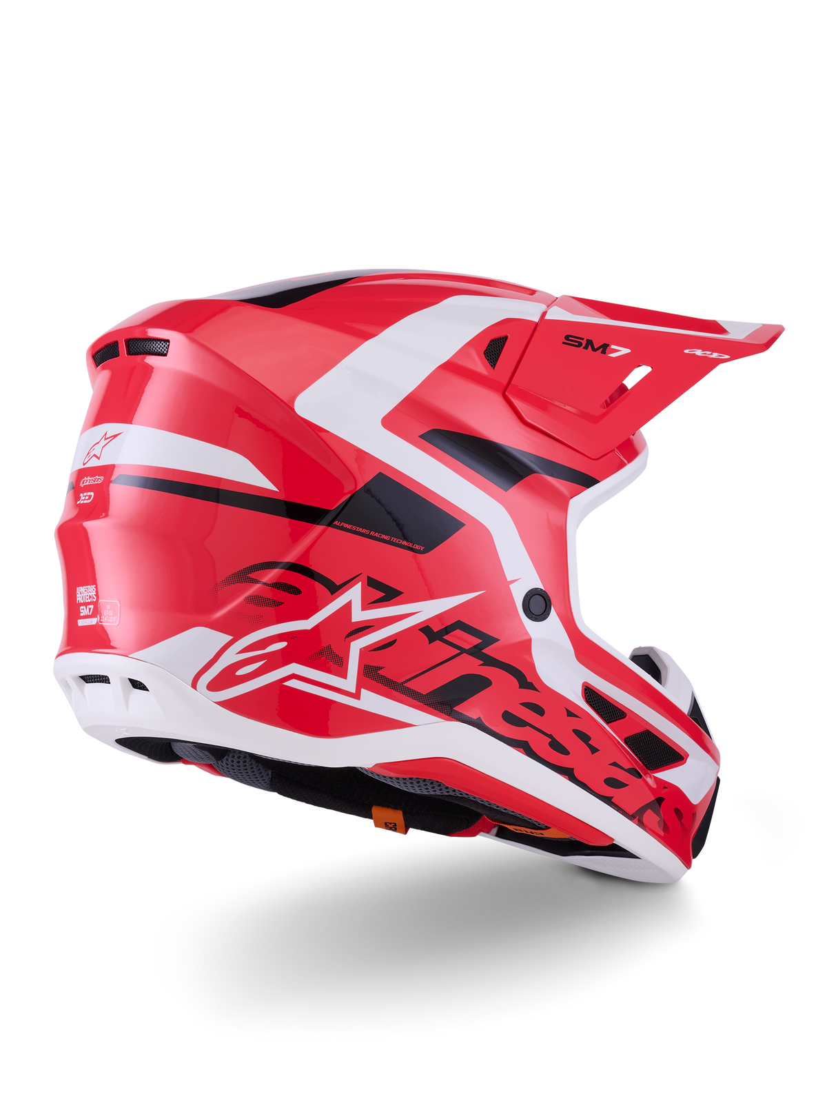 Alpinestars S-M7 Deed Helmet, Motocross Helmet, Red Black and White Glossy, featuring an aerodynamic shell with ventilation ports and bold Alpinestars branding, rear three-quarter view