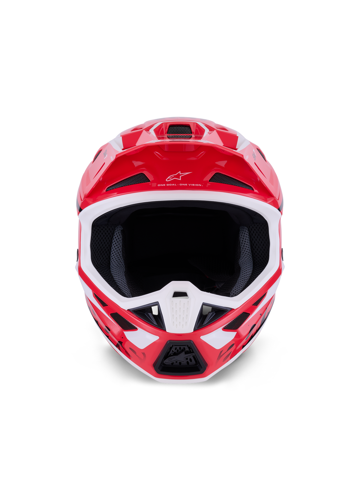 Casco Alpinestars S-M7 Deed, casco de motocross, rojo, negro y blanco con acabado brillante, vista frontal que muestra la amplia apertura para los ojos y la mentonera ventilada, con el logo y el lema de Alpinestars en la visera, diseñado para brindar protección en carreras todoterreno