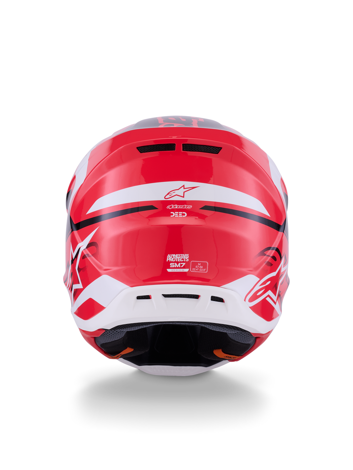 Alpinestars S-M7 Deed Helmet, Rear View, Red Black and White Glossy, featuring a streamlined composite shell, rear exhaust vents, and Alpinestars branding, professional motocross racing head protection