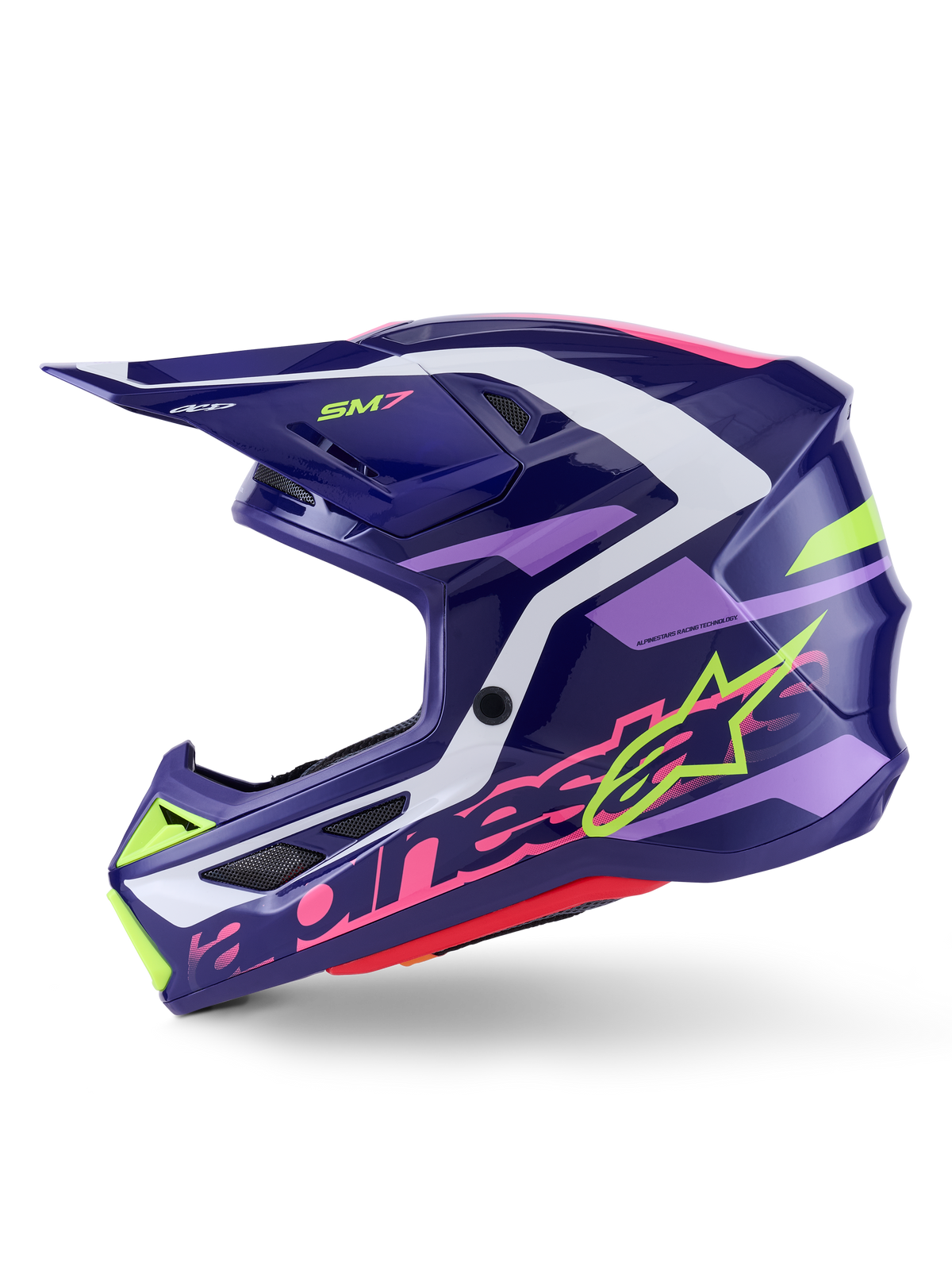 Alpinestars S-M7 Deed Motocross Helmet, Purple Pink Glossy, side profile view, featuring bold lime green and pink Alpinestars branding, aerodynamic shell with white and light purple accents, glossy finish, designed for off-road racing