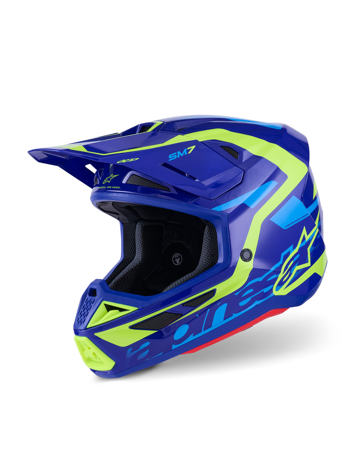 Casco Alpinestars S-M7 Deed, casco de motocross, azul y amarillo flúor brillante, diseño aerodinámico con múltiples entradas de aire, con logotipos destacados de Alpinestars y el logo SM7, protección profesional para carreras off-road