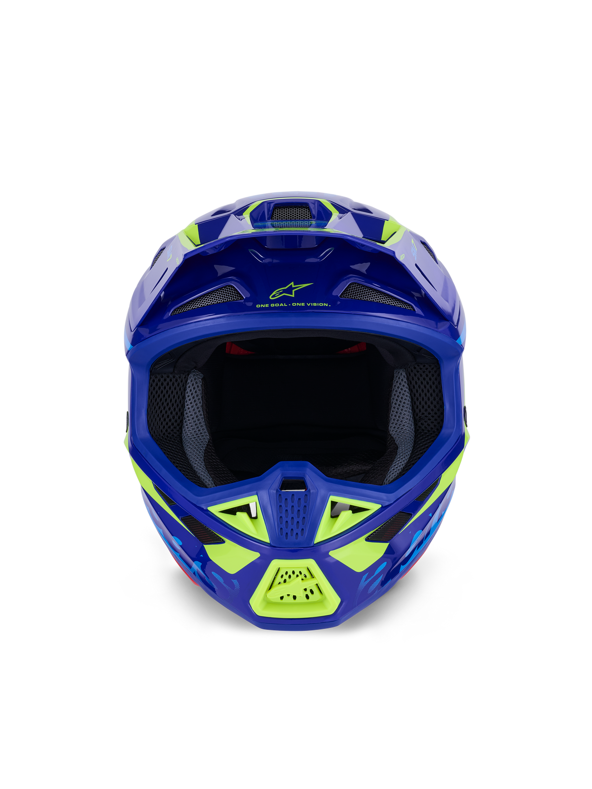 Casco Alpinestars S-M7 Deed, casco de motocross, azul y amarillo flúor brillante, vista frontal que destaca la amplia apertura para las gafas y múltiples entradas de aire cubiertas de malla, calota aerodinámica con detalles en amarillo neón y logotipos de Alpinestars, protección profesional para la cabeza en carreras off-road
