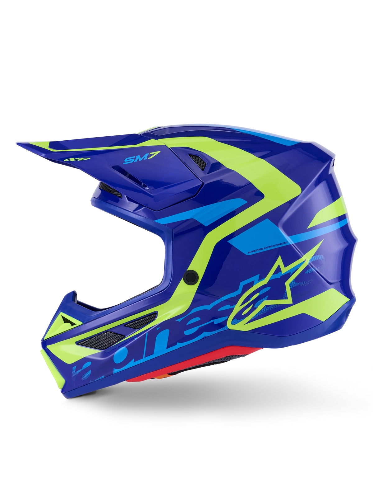 Casco Alpinestars S-M7 Deed, casco de motocross, azul y amarillo flúor brillante, vista lateral, carcasa de compuesto aerodinámico estilizada con gráficos vibrantes en amarillo y azul claro, con puertos de ventilación cubiertos de malla y visera para rendimiento todoterreno