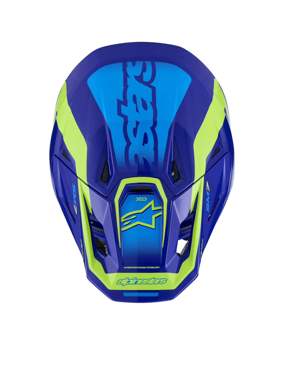 Casco Alpinestars S-M7 Deed, casco de motocross, azul y amarillo flúor brillante, vista superior que muestra la carcasa aerodinámica, los puertos de ventilación y el distintivo logotipo en amarillo flúor sobre un acabado en azul profundo.