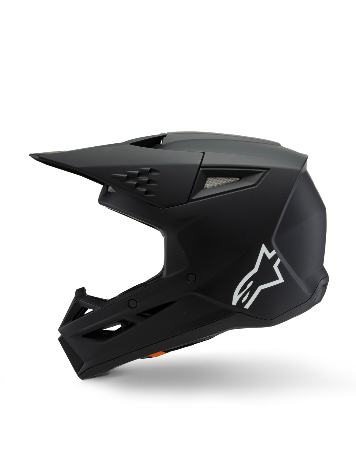 Alpinestars S-M3 Youth Solid Helmet ECE 22.06, Motocross Helmet, Black Matt, side profile view featuring white Alpinestars logo, aerodynamic shell with mesh ventilation ports and integrated visor, youth protective headgear for off-road racing