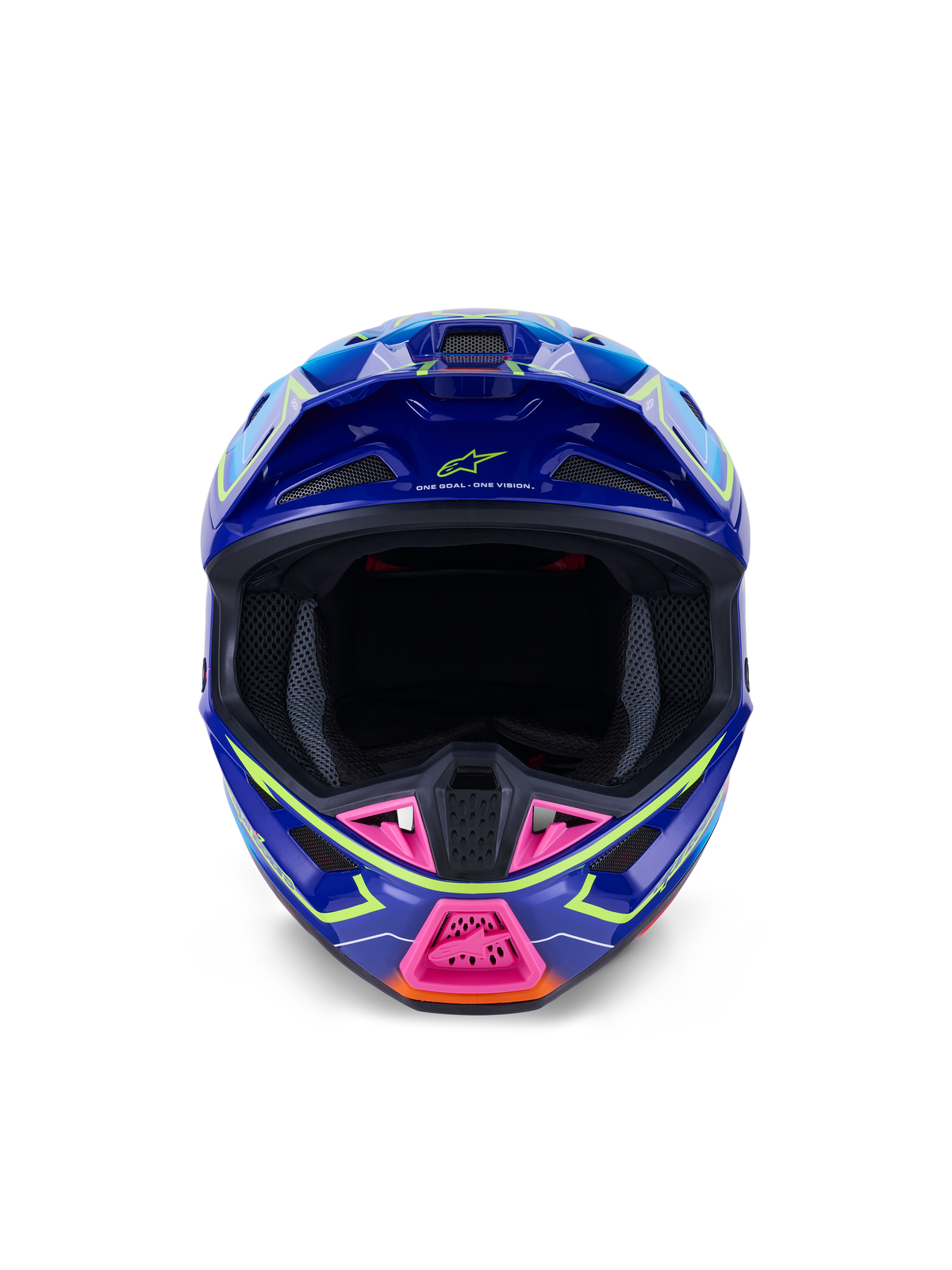 Alpinestars S-M7 Cast Helmet ECE 22.06, casco de motocross, azul, rosa y amarillo flúor brillante, vista frontal que muestra una calota aerodinámica agresiva, mentonera ventilada con detalles en rosa y apertura amplia para carreras off-road