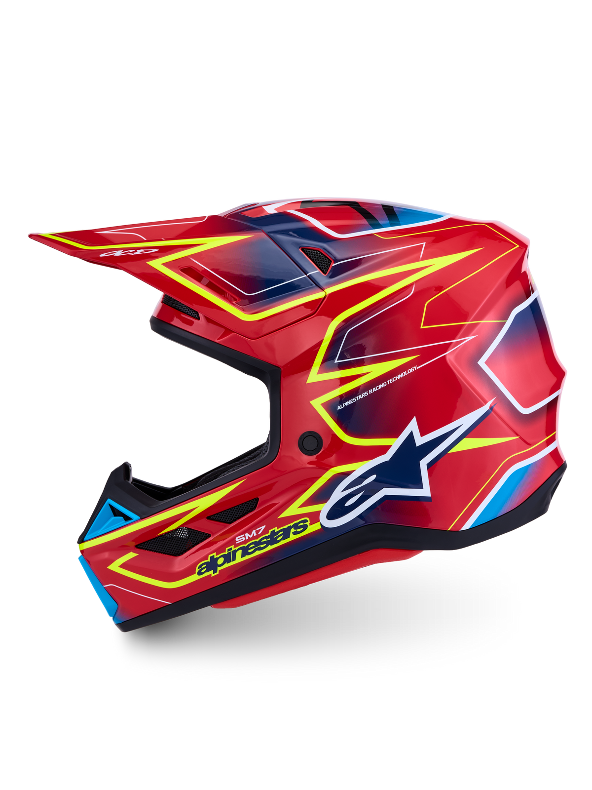 Alpinestars S-M7 Cast Motocross Helmet, red with fluo yellow and blue graphics, glossy composite shell, ECE 22.06 certified.