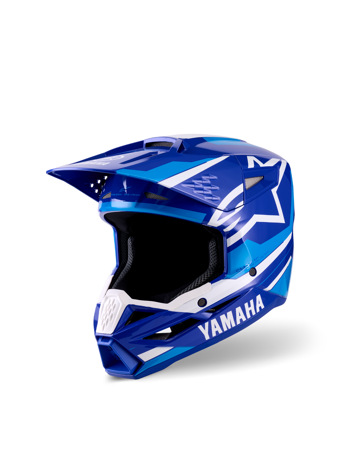 Alpinestars Yamaha S-M3 Youth Motocross Helmet, Blue and White Glossy finish, featuring prominent Yamaha and Alpinestars logos, aerodynamic visor design, wide eye port, and ventilated chin bar for off-road racing performance.