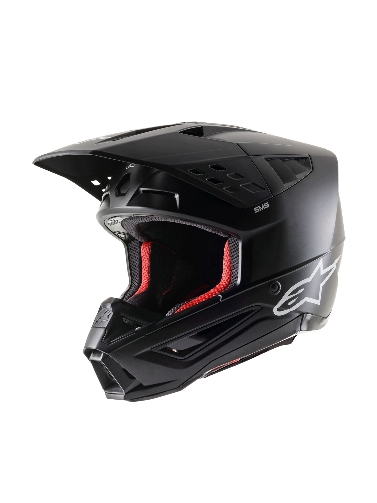 Casco Alpinestars S-M5 Solid ECE 22.06, casco de motocross, negro mate, vista en tres cuartos, con el logotipo de Alpinestars en blanco en el lateral y acolchado interior rojo, diseño aerodinámico con múltiples puertos de ventilación