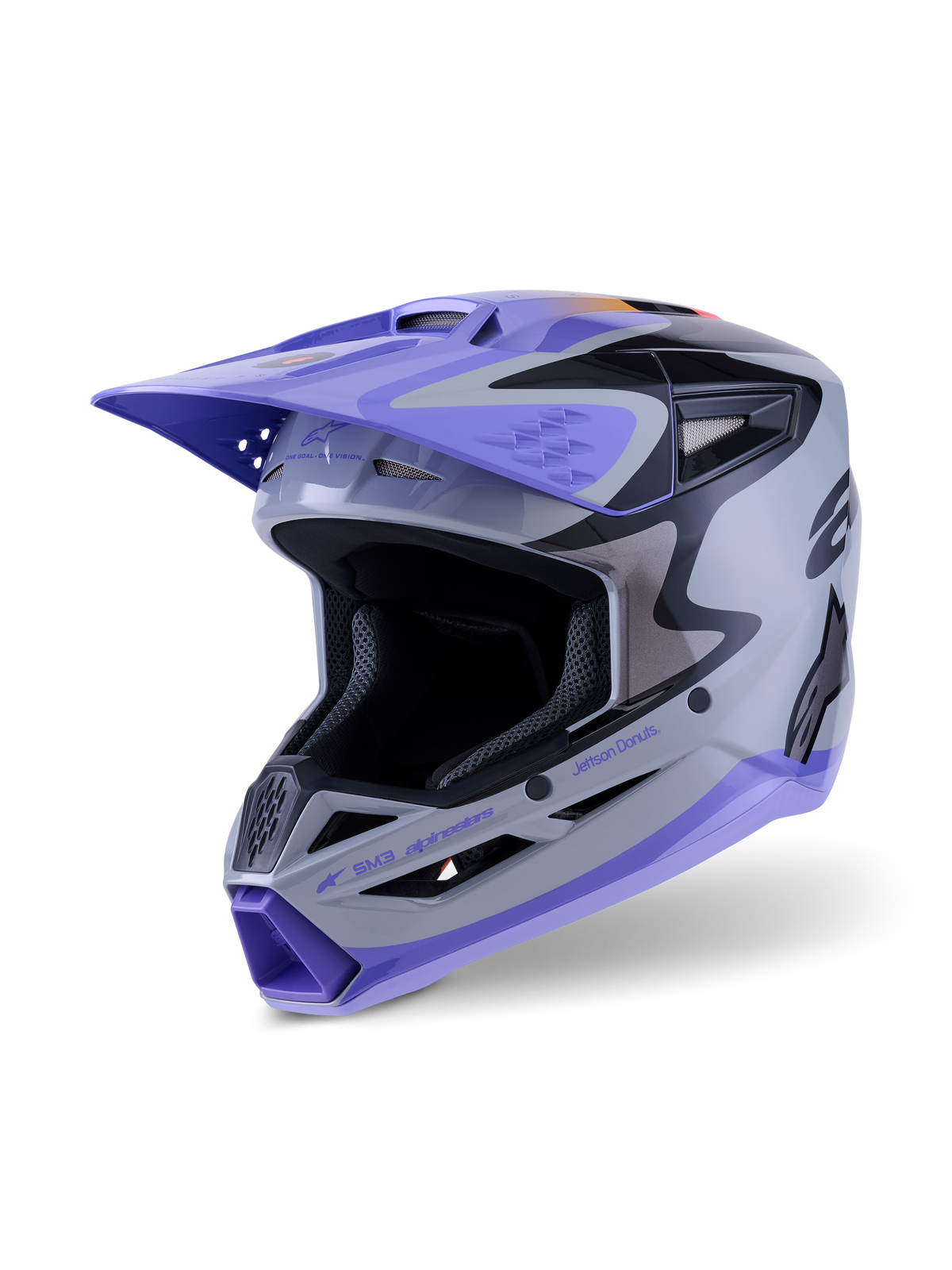 Casco Alpinestars S-M3 Jettson Juvenil ECE 22.06, casco de motocross, gris, morado y negro brillante, con visera y mentonera moradas, calota aerodinámica con puertos de ventilación de malla, gráficos llamativos para carreras off-road juveniles