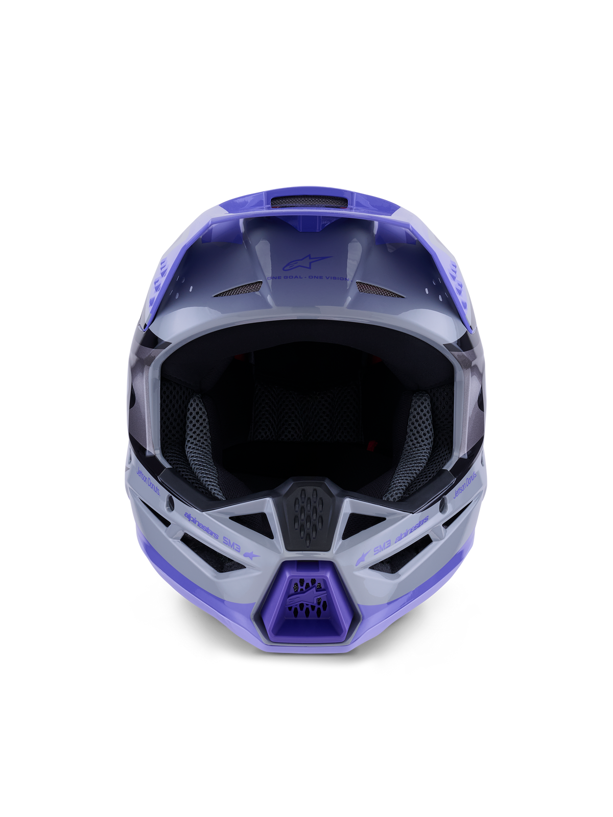 Casco juvenil Alpinestars S-M3 Jettson, casco de motocross, acabado brillante en gris, púrpura y negro, vista frontal con amplia apertura para gafas y mentonera ventilada, protección profesional para todoterreno