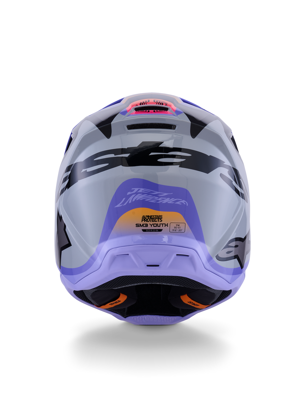 Alpinestars S-M3 Jettson Youth Helmet ECE 22.06, casco de motocross juvenil, vista trasera en gris, púrpura y negro brillante, con el gráfico de la firma de Jett Lawrence, logotipos negros y puertos de ventilación, acabado brillante para carreras off-road