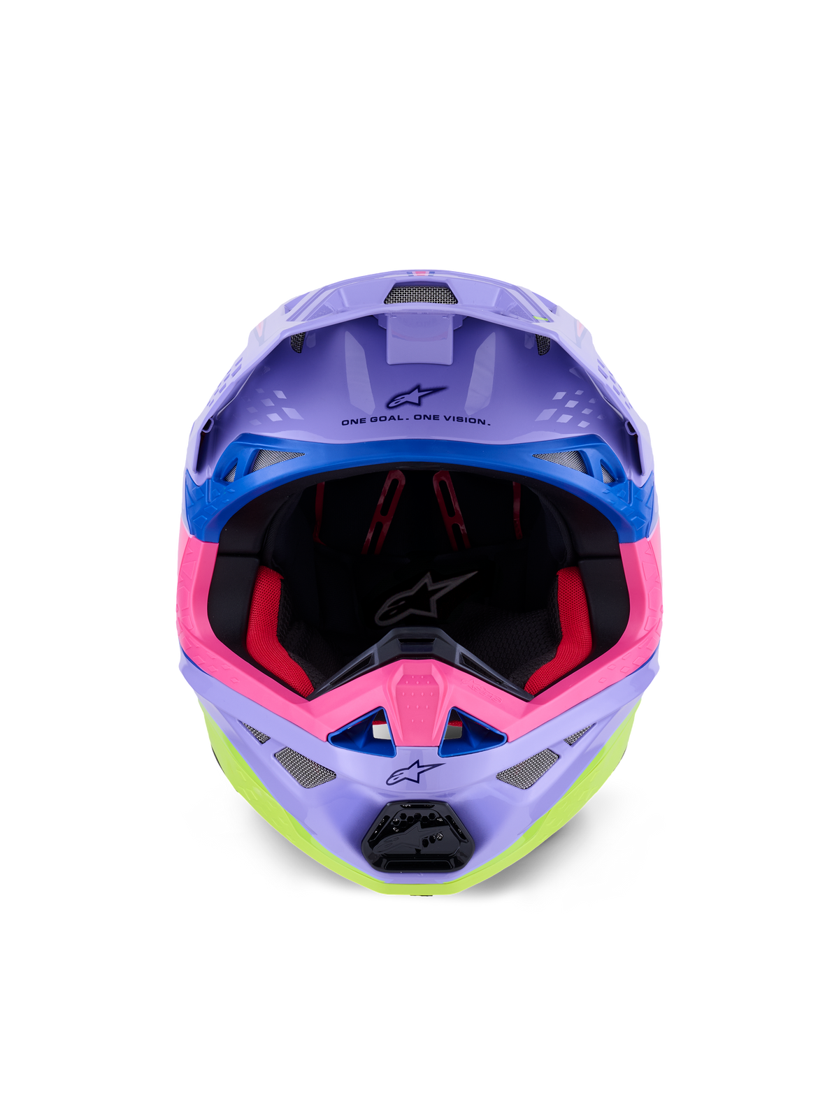 Casco Alpinestars Supertech M10 Jett Lawrence R01, casco de motocross, púrpura, rosa y amarillo flúor brillante, vista frontal que muestra el acolchado interior y la mentonera, 'ONE GOAL. ONE VISION.' impreso bajo la visera, gráficos de carreras coloridos con detalles en azul