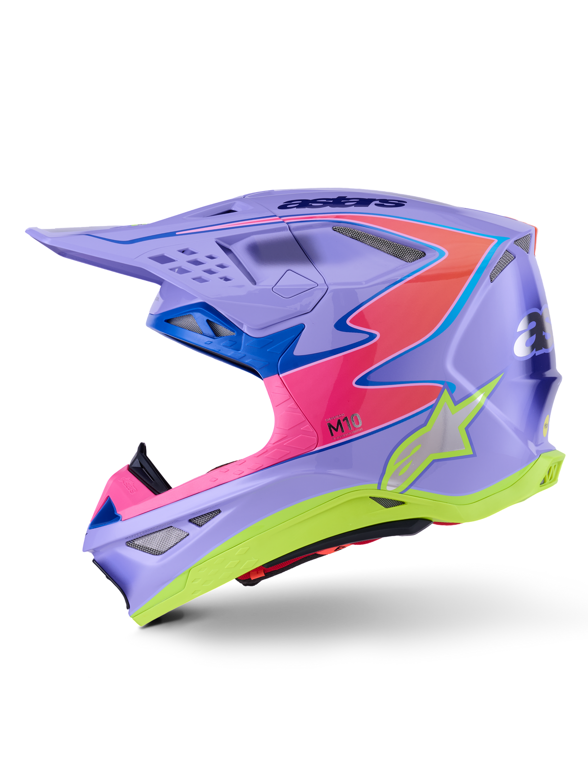 Casco Alpinestars Supertech M10 Jett Lawrence R01, casco de motocross, púrpura con detalles en rosa y amarillo flúor, vista de perfil lateral con una carcasa de carbono aerodinámica, logotipo de estrella plateada, múltiples puertos de ventilación y un diseño gráfico audaz para carreras profesionales de motocross.