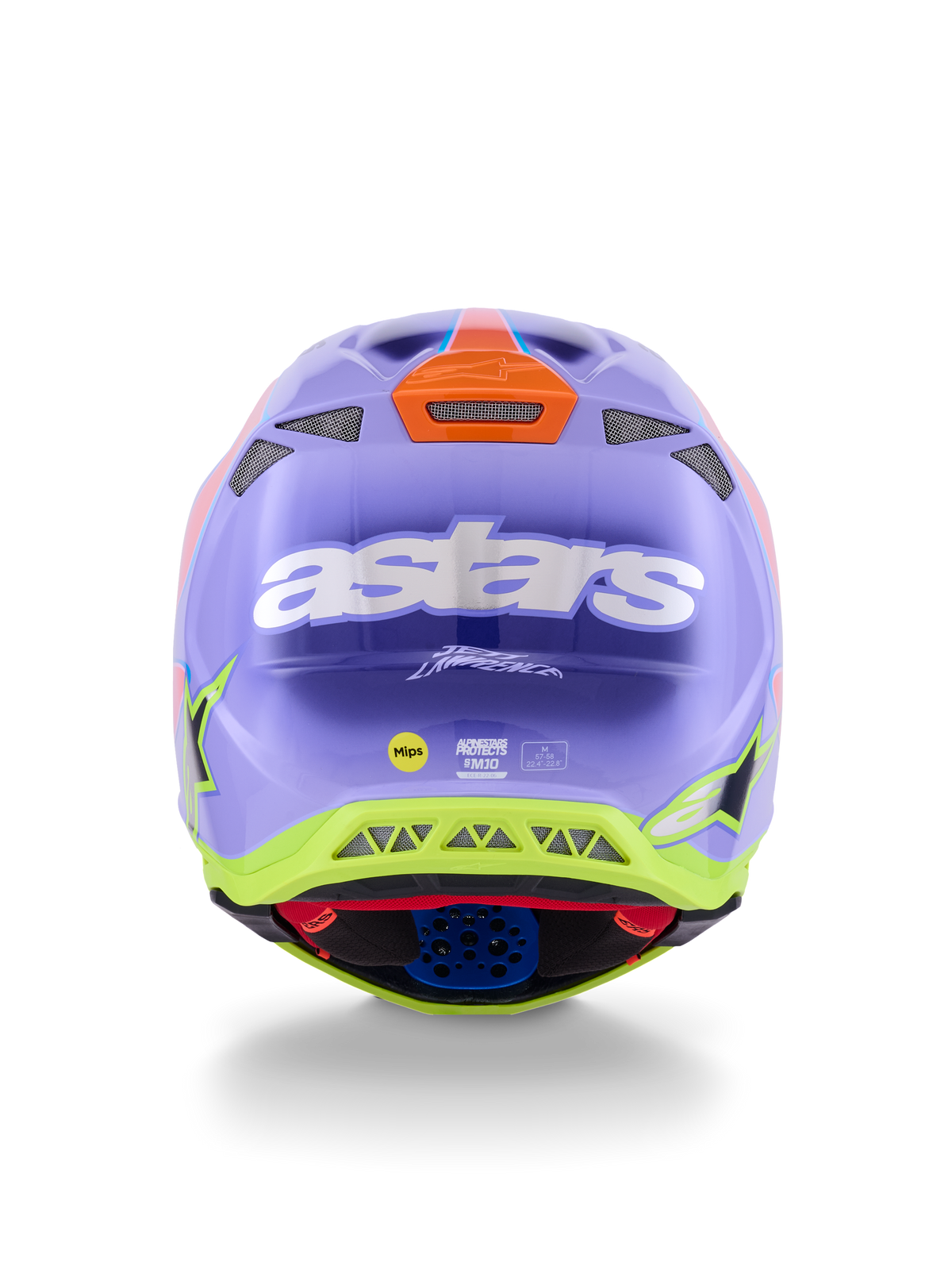 Casco Alpinestars Supertech M10 Jett Lawrence R01, casco de motocross, púrpura, rosa y amarillo fluorescente, vista trasera con el logotipo blanco de astars, firma de Jett Lawrence y múltiples puertos de ventilación, diseño aerodinámico para carreras todoterreno