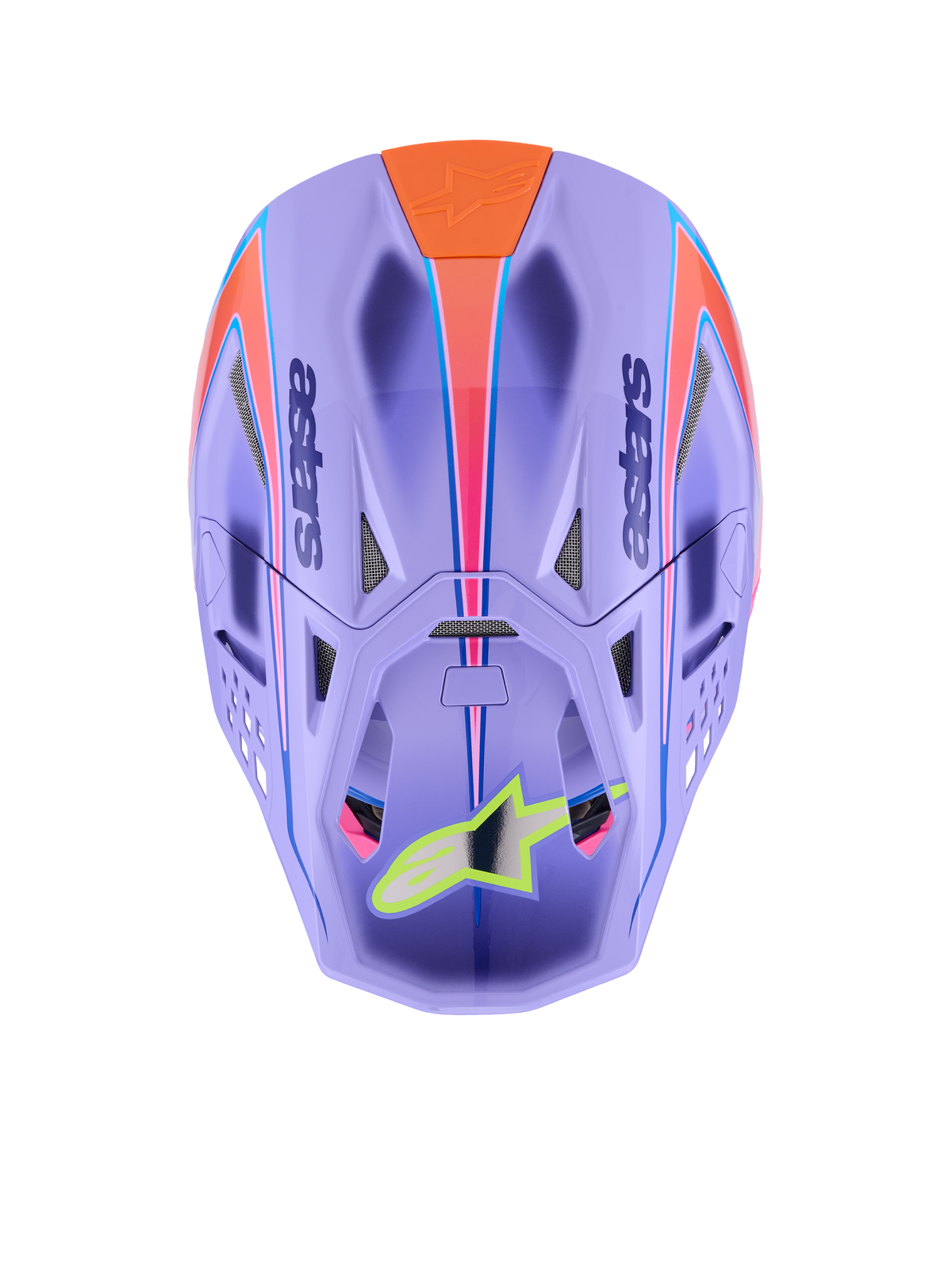 Casco Alpinestars Supertech M10 Jett Lawrence R01, casco de motocross, púrpura con gráficos en rosa y naranja, vista superior que muestra los puertos de ventilación y la carcasa aerodinámica, logotipo de estrella en amarillo neón en la visera, construcción avanzada en fibra de carbono para carreras off-road