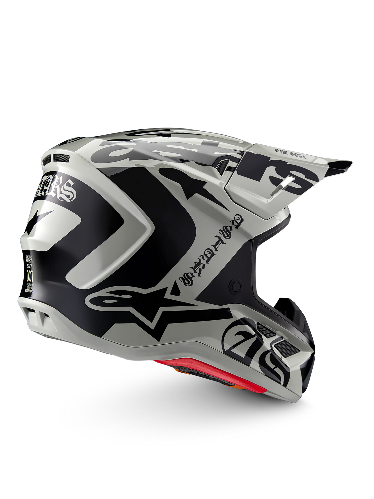 Alpinestars Limited Edition S-M7 Wolf Dust Helmet, Motocross Helmet, Dune Black Glossy, light gray shell with bold black Alpinestars graphics and Gothic-style text, streamlined aerodynamic design with multiple ventilation ports, red internal padding, high-performance off-road head protection
