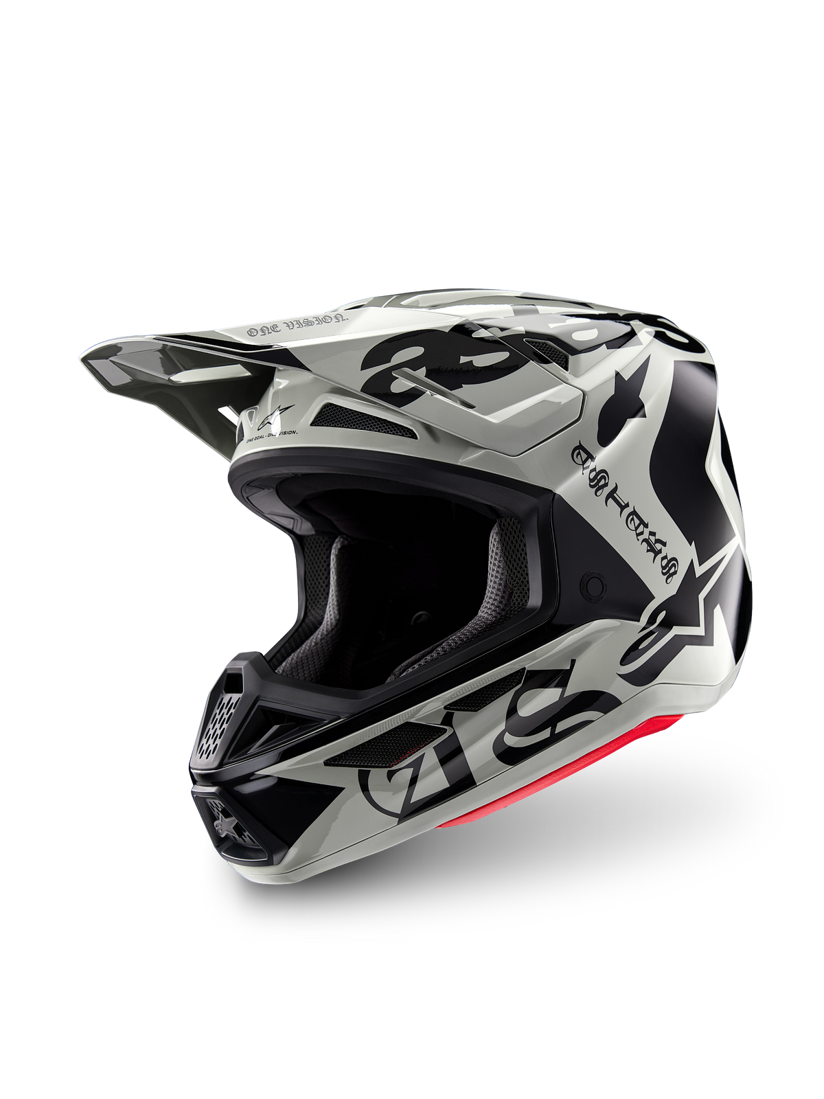 Alpinestars Limited Edition S-M7 Wolf Dust Helmet, Motocross Helmet, Dune Black Glossy, light gray shell with black gothic 'ASTARS' lettering and star logo, red bottom rim accent, featuring a high-performance visor and multiple air intake vents, three-quarter front view