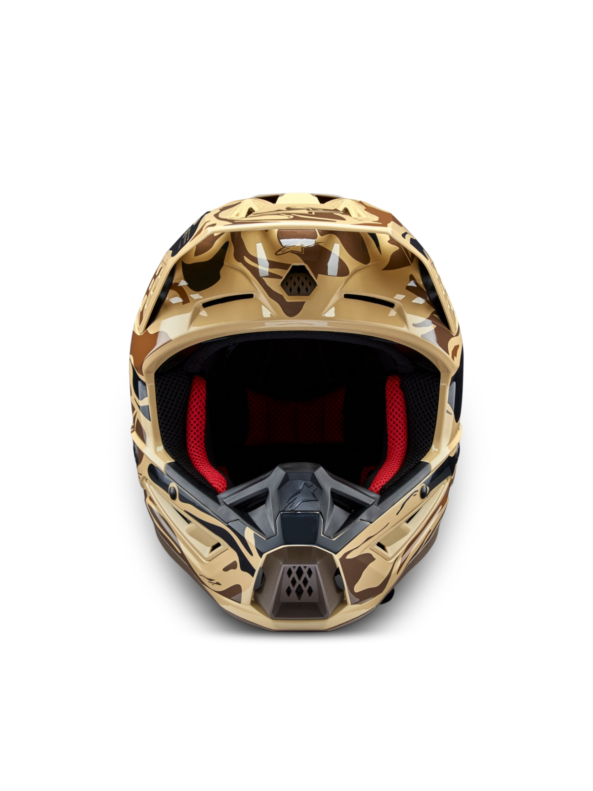 Alpinestars S-M5 Mineral, casco de motocross marrón camuflaje, certificado ECE 22.06, vista frontal, acolchado interior rojo