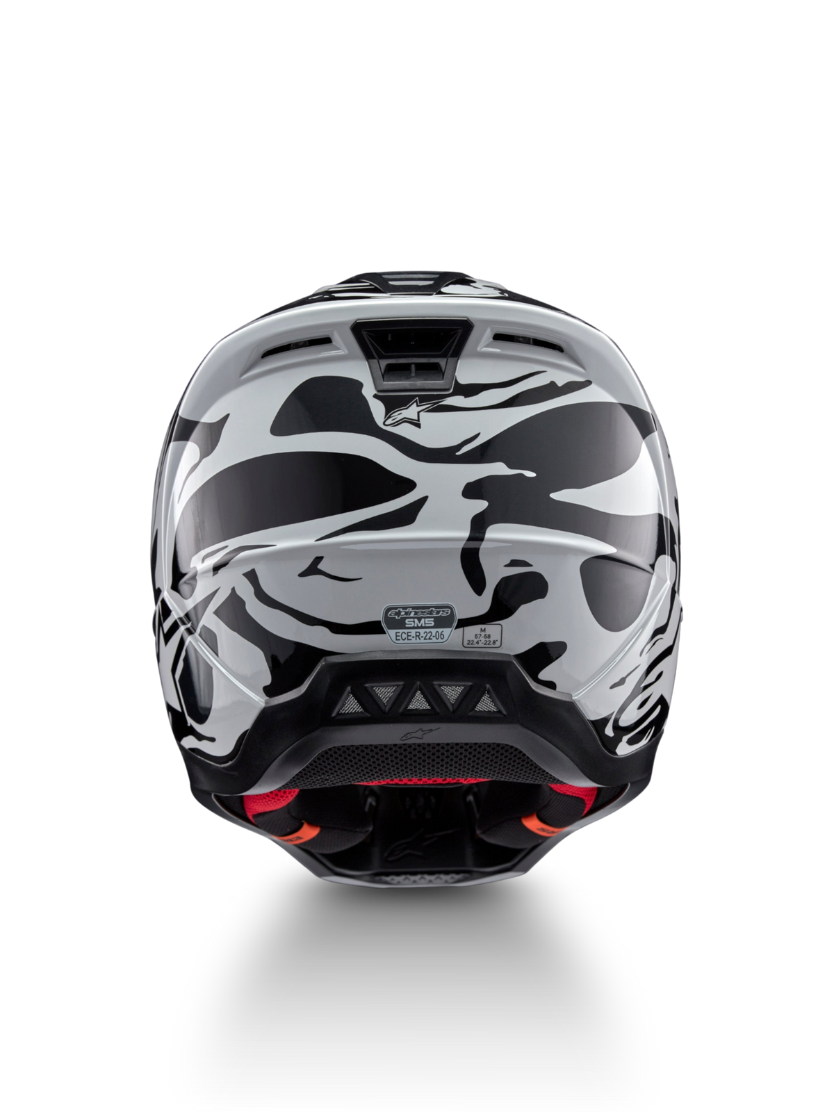 Alpinestars S-M5 Mineral, casco de motocross gris frío y oscuro, vista trasera con ventilación y certificación ECE 22.06