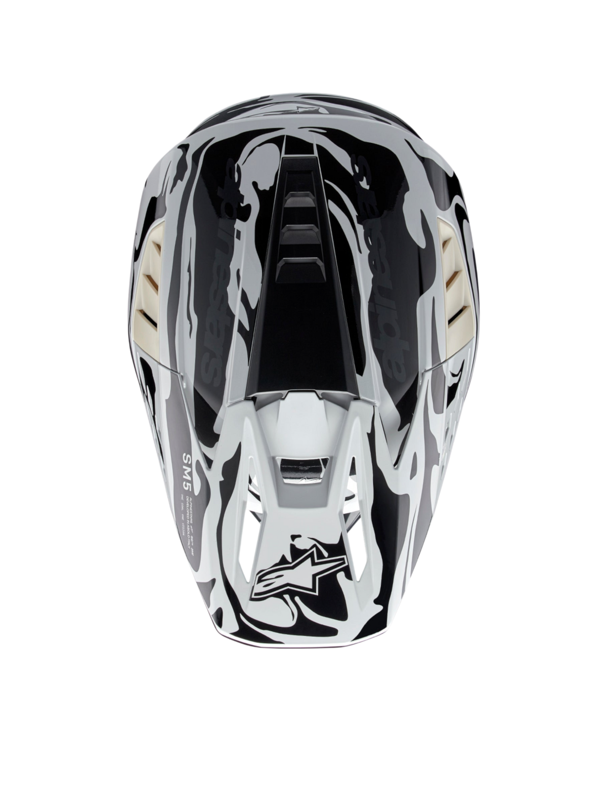 Casco Alpinestars S-M5 Mineral de motocross en gris frío y gris oscuro brillante, certificado ECE 22.06, vista superior.