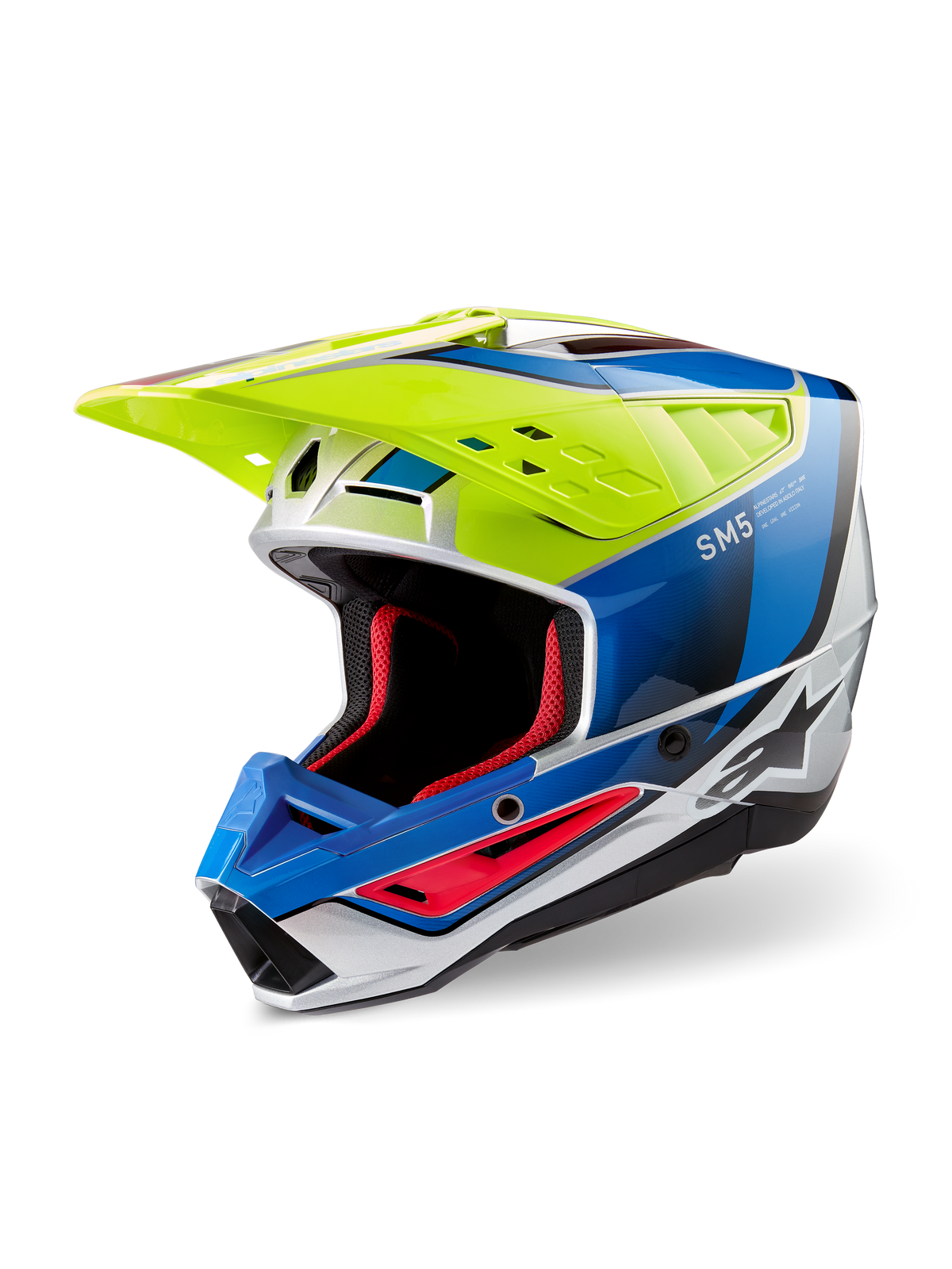 Alpinestars S-M5 Sail Helmet ECE, casco de motocross, amarillo flúor, azul esmalte y plateado brillante, con una carcasa termoplástica aerodinámica, acolchado interno rojo y una visera de ventilación de alto flujo para rendimiento off-road