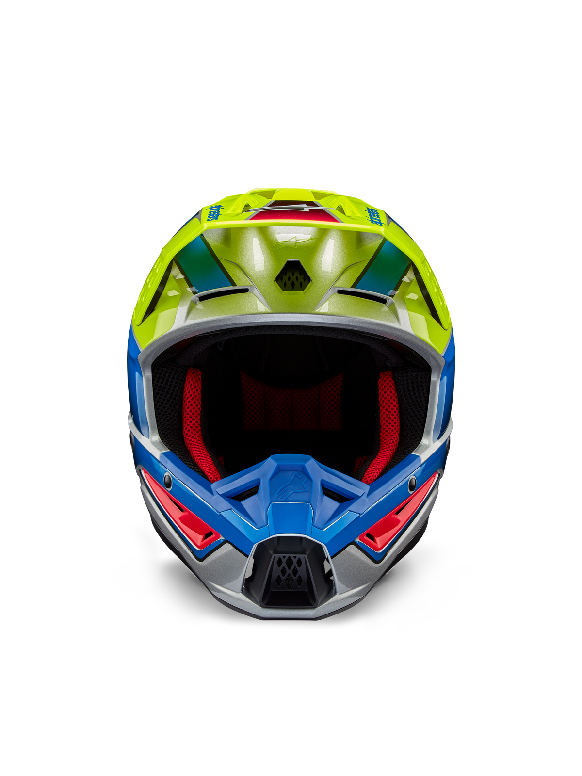 Alpinestars S-M5 Sail Helmet ECE, casco de motocross, amarillo flúor y azul esmalte con acabado plateado brillante, vista frontal que muestra el acolchado interior rojo y visera aerodinámica, protección de cabeza de alto rendimiento para carreras todoterreno