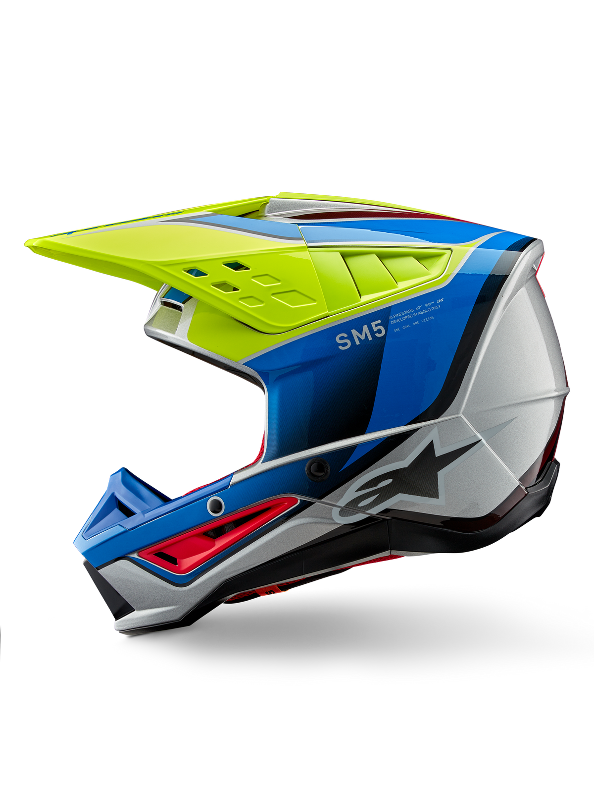 Alpinestars S-M5 Sail Helmet ECE, casco de motocross, amarillo flúor, azul esmalte y plata brillante, vista de perfil lateral con diseño aerodinámico, visera ventilada y logotipo de Alpinestars destacado, protección de alto rendimiento para carreras todoterreno