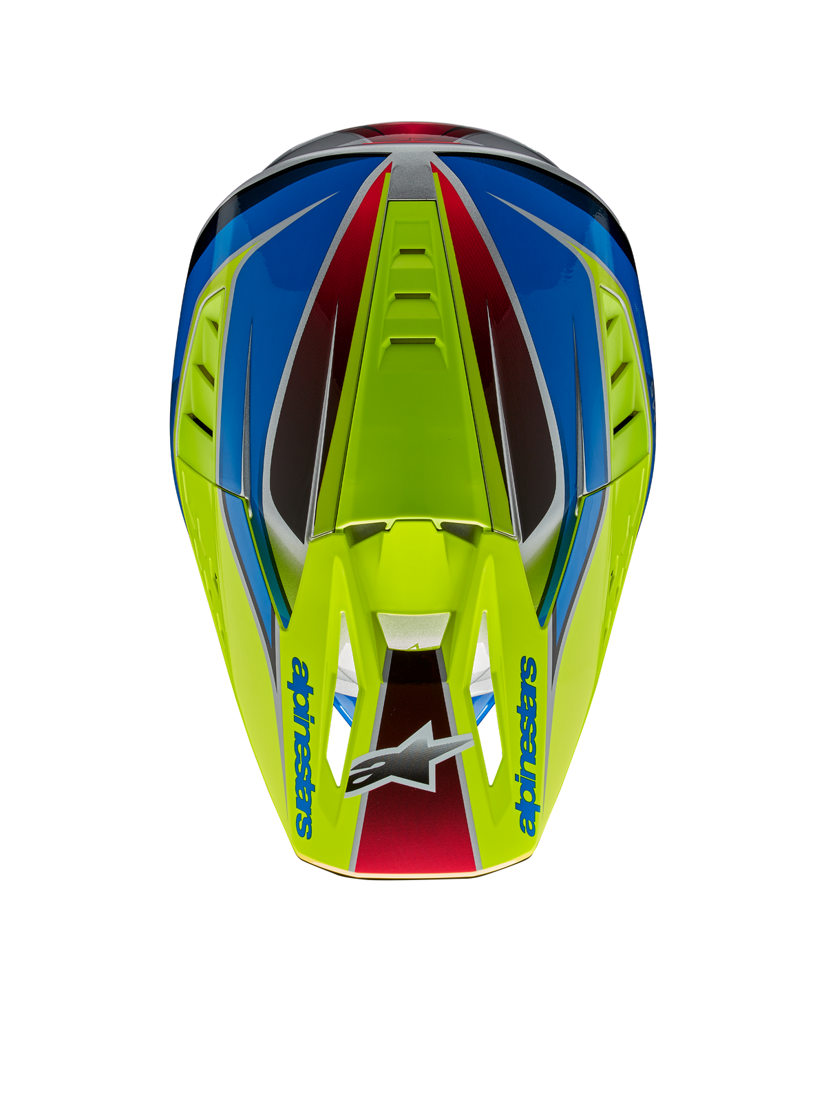 Casco Alpinestars S-M5 Sail ECE, casco de motocross, amarillo flúor, azul esmalte y plateado brillante, vista desde arriba que destaca la visera con el logotipo de Alpinestars y las entradas de aire integradas