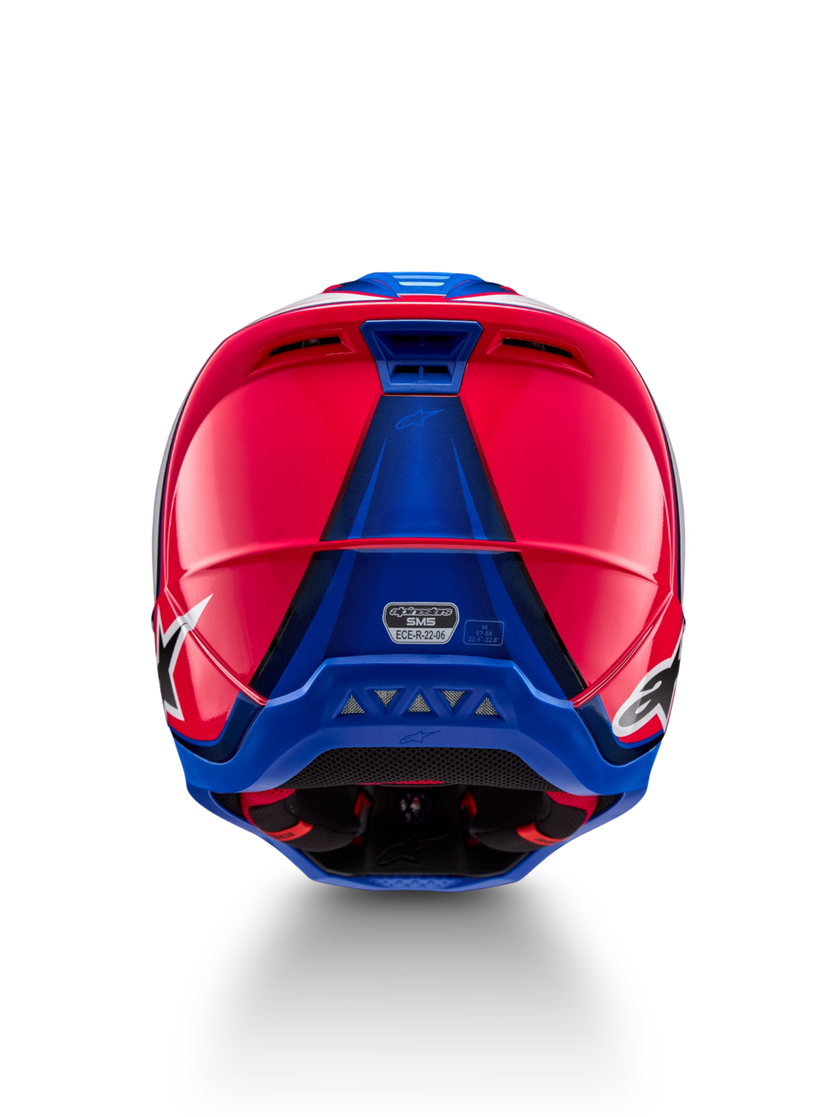 Alpinestars S-M5 Sail, casco de motocross rosa diva y azul esmalte, vista trasera con ventilación y certificación ECE 22.06