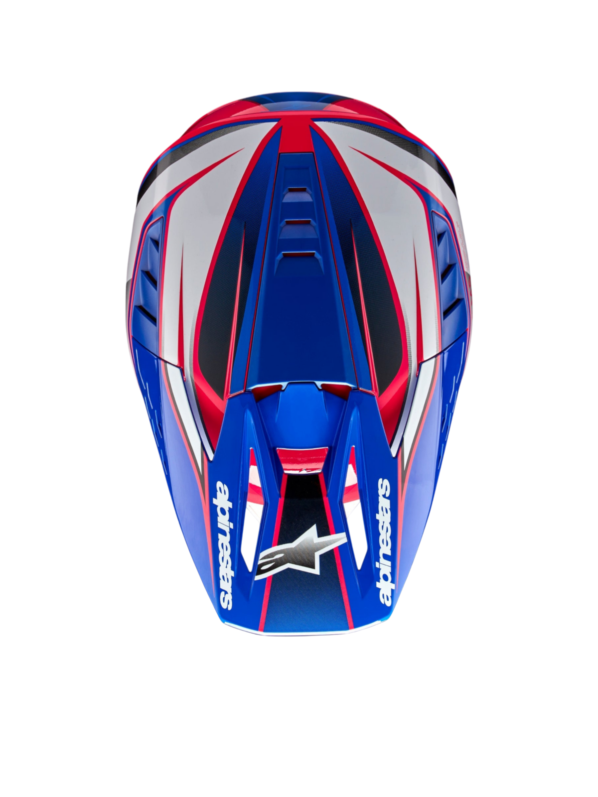 Casco Alpinestars S-M5 Sail de motocross, azul esmalte, blanco y rosa diva, vista superior, certificación ECE 22.06