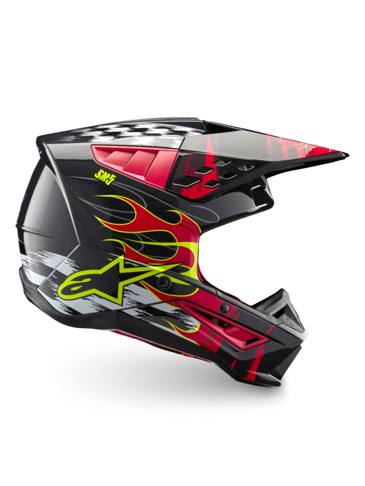 Alpinestars Casco S-M5 Rash ECE 22.06, casco de motocross off-road, gris oscuro y rojo brillante con gráficos de llamas