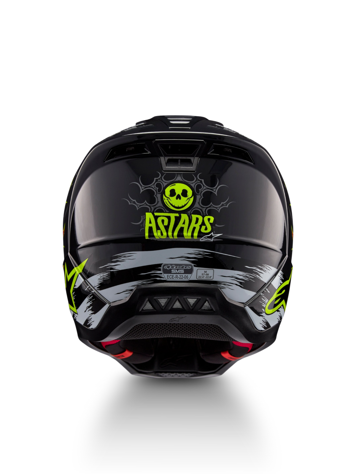 Alpinestars Casco S-M5 Rash, casco de motocross negro y amarillo neón con gráfico de calavera, vista trasera, certificado ECE 22.06.