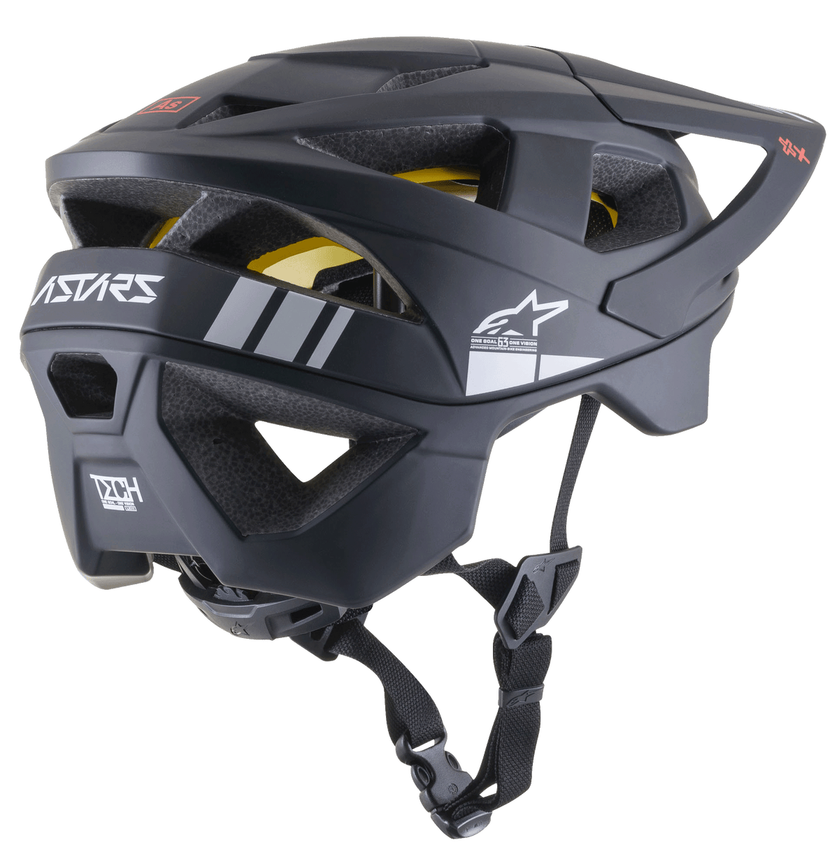 Casco Alpinestars Vector Tech A1 MTB, casco para bicicleta de montaña, negro mate con detalles en gris claro, perfil lateral-trasero que muestra las aberturas de ventilación, logotipo de estrella de Alpinestars en blanco, marca ASTARS y forro MIPS amarillo visible, con una correa de barbilla negra ajustable.