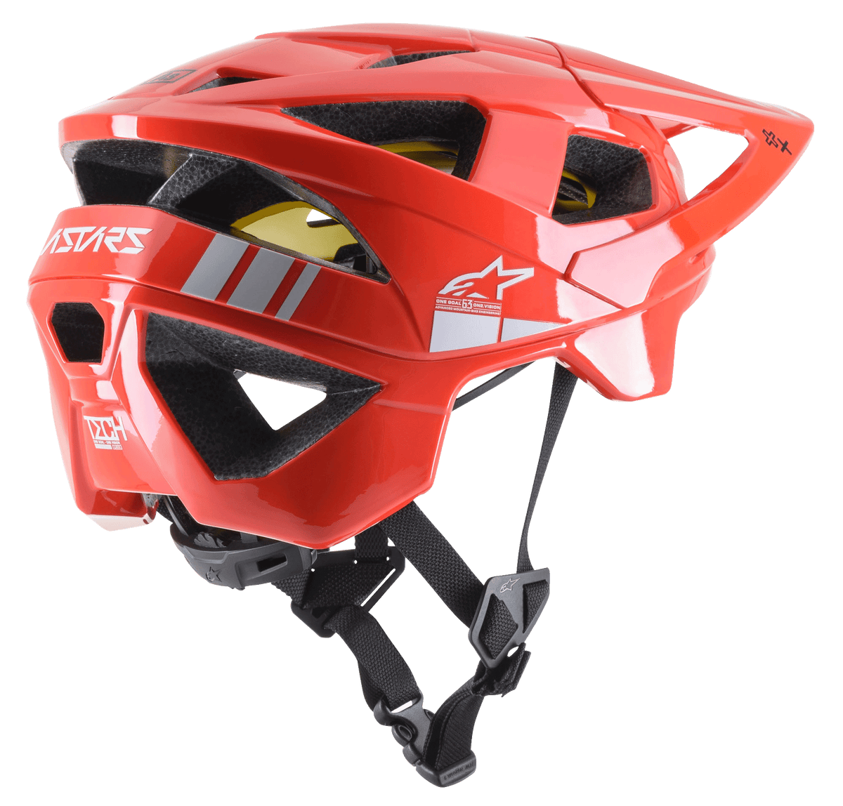 Casco Alpinestars Vector Tech A2 MTB, casco de bicicleta de montaña, rojo brillante y gris claro brillante, con 19 aberturas de ventilación, logotipos blancos, forro MIPS amarillo y correa de barbilla negra ajustable, duradero y ligero para protección todoterreno