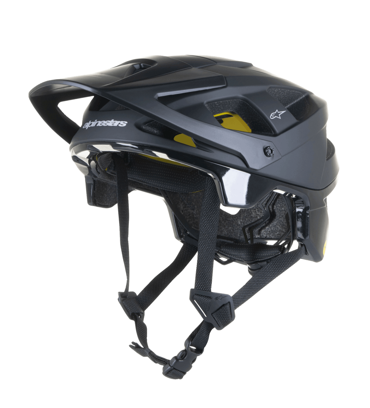 Alpinestars Vector Tech Solid Helmet, Black MTB Mountain Bike Helmet, Matte and Glossy Finish with 19 Vents, Yellow Interior Mips Padding, Adjustable Visor and Straps, Lightweight Protection for Trail and All-Mountain Riding