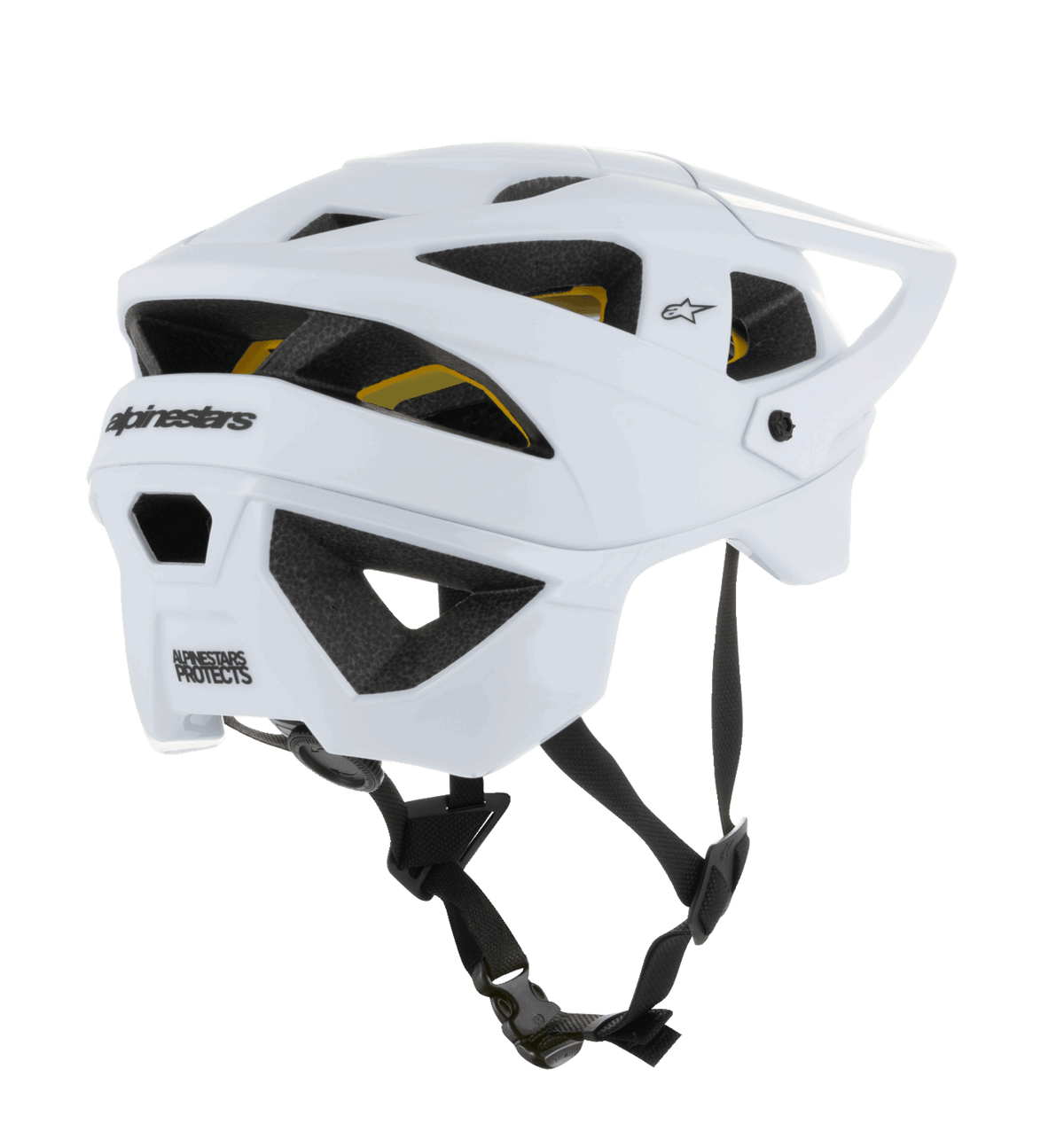 Casco Alpinestars Vector Tech Solid, casco de MTB abierto, acabado en blanco mate y brillante, con amplias aberturas de ventilación y revestimiento Mips amarillo visible, logotipo de Alpinestars en negro en la parte trasera y correa ajustable negra, protección profesional para ciclismo de montaña