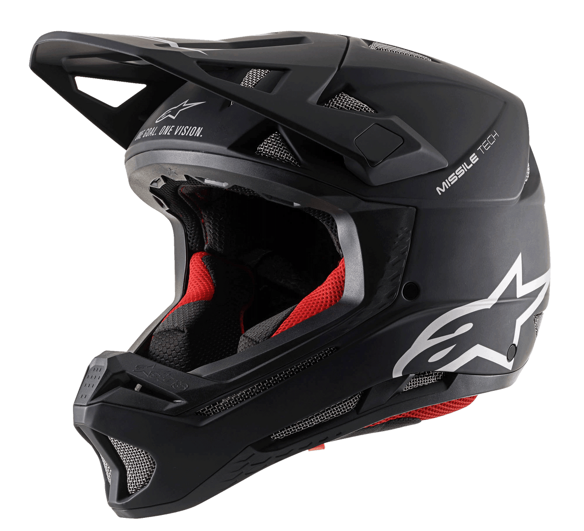Alpinestars Missile Tech Solid Helmet, Matte Black full-face downhill MTB gear with red padding and mesh vents.