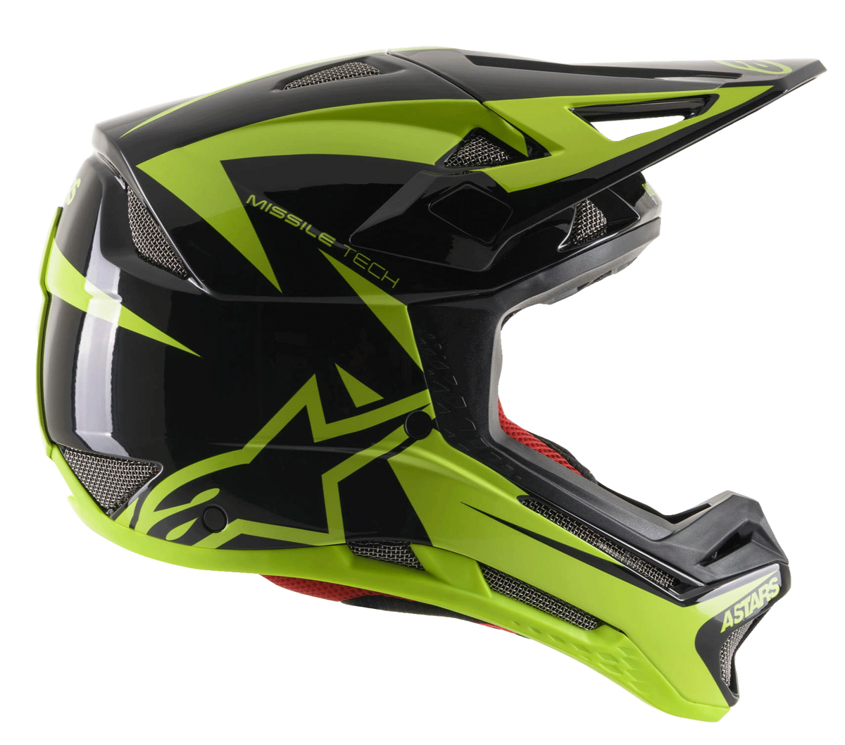 Alpinestars Missile Tech-Air Full Face Helmet, casco de MTB para descenso, negro y amarillo flúor brillante, vista de perfil lateral con ventilaciones de malla aerodinámicas, gran logotipo de estrella amarillo fluorescente y marca MISSILE TECH, forro interior rojo, diseño elegante de alto rendimiento para ciclismo de montaña