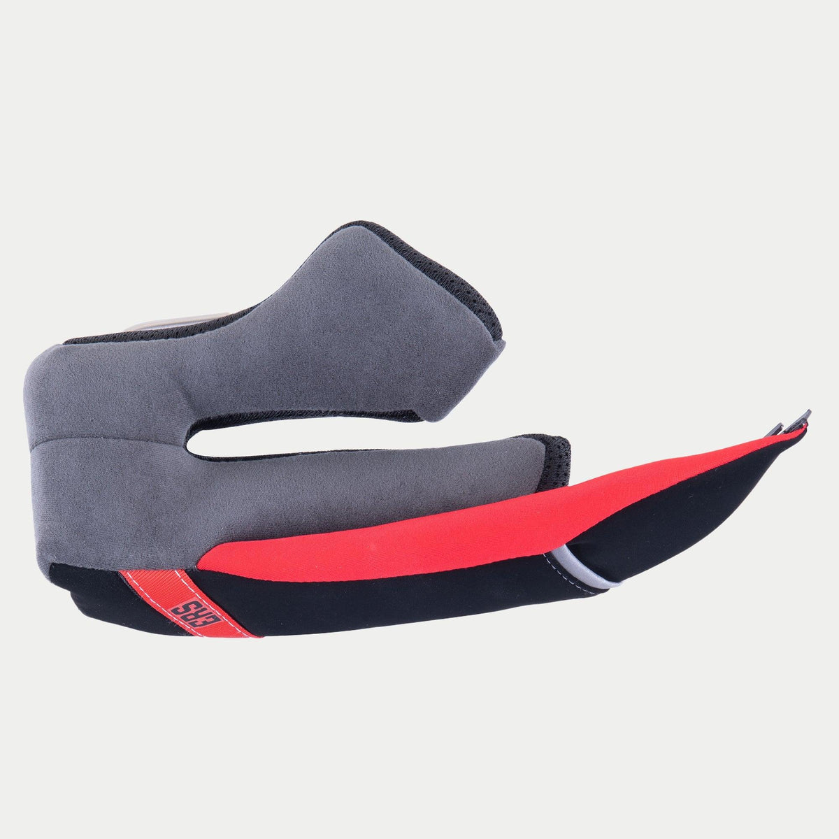 Almohadilla para mejillas regular Alpinestars Supertech R10, gris y roja, pieza interior de repuesto para casco, con acolchado gris suave y lengüeta roja de liberación de emergencia ERS, vista de perfil lateral