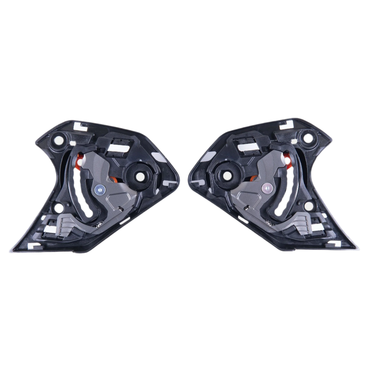 Alpinestars Supertech R10 Shield Mechanism, par de mecanismos de visera de repuesto negros, componentes izquierdo y derecho con pivotes mecánicos y puntos de montaje para cascos de motocicleta S-R10